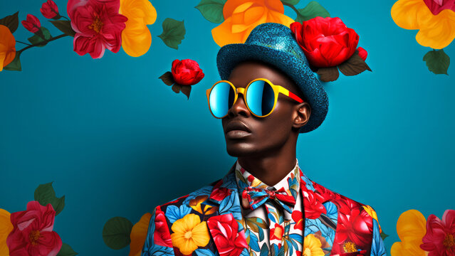 Contemporary pop art portrait of handsome African man wearing tie bow and sunglasses on a blue blooming flower background. Modern drawing painting poster