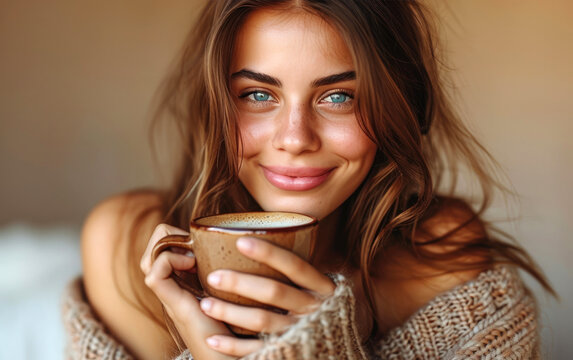 A happy young beautiful woman holding a cup of morning coffee