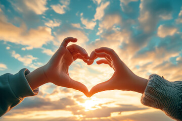 Two girls hands making the shape of the heart in blue sky background. Valentine's Day, romantic love vacation trip - Powered by Adobe