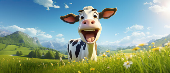 adorable vaca de dibujos animados sonriendo muy expresiva en un idílico campo primaveral con montañas y valles verdes  floridos - obrazy, fototapety, plakaty