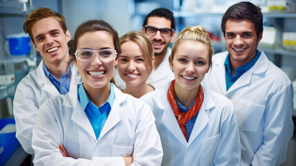 Portrait of a friendly eam of researchers in white lab coats in a laboratory. Medical Research Team in Laboratory Environment