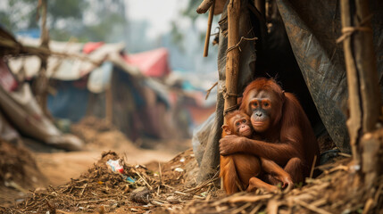 Generative AI image of Orangutan mother and her child hugging in an African village - obrazy, fototapety, plakaty