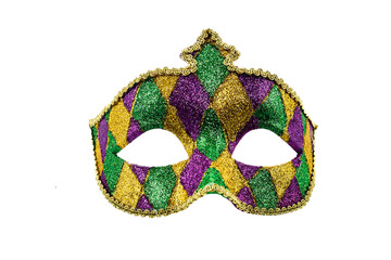 Gold, purple and green glittery Mardi gras mask isolated on white background