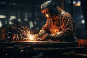welder wearing protective gear welding metal in factory - obrazy, fototapety, plakaty