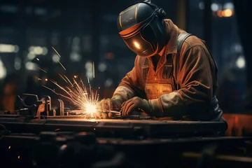 Fototapete welder wearing protective gear welding metal in factory © duyina1990