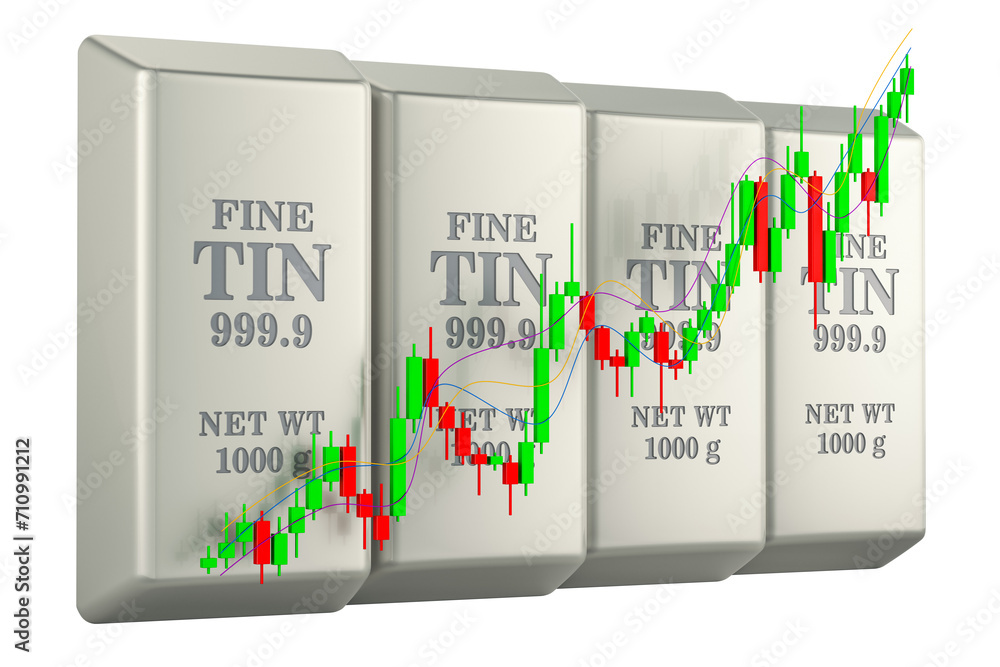 Poster tin ingots with candlestick chart, showing uptrend market. 3d rendering isolated on transparent back