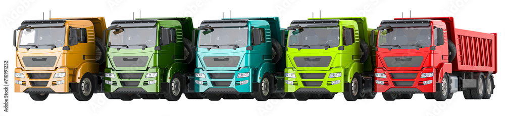 Poster tipper trucks, row from colored dump trucks. 3d rendering isolated on transparent background