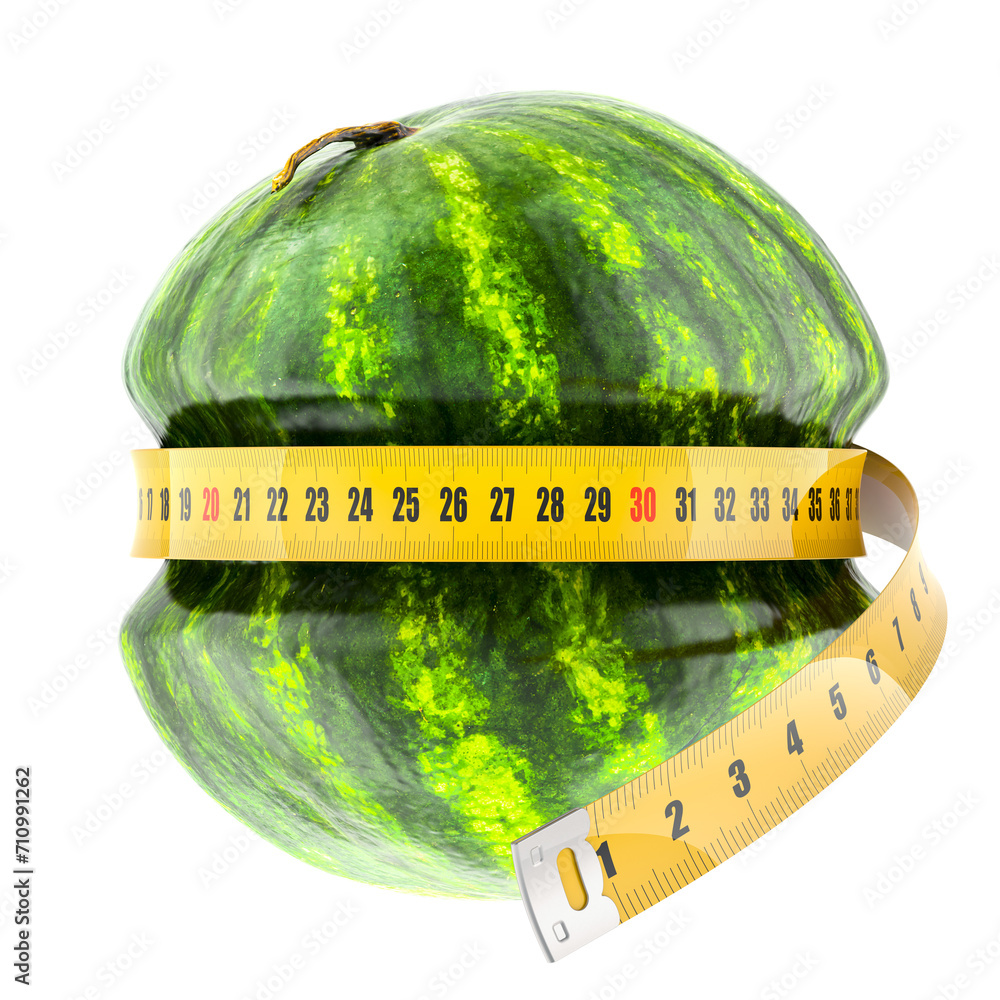 Poster watermelon with measure tape around. diet and weight loss concept. 3d rendering isolated on transpar