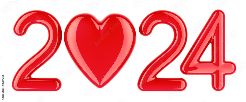Poster 2024 with red heart, 3d rendering isolated on transparent background