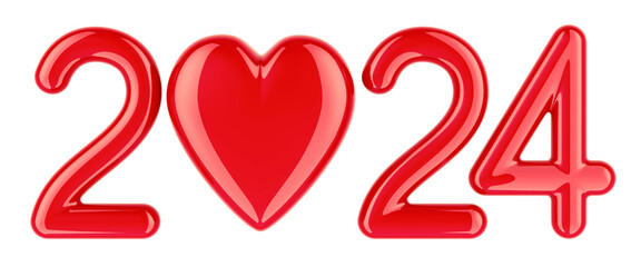 2024 with red heart, 3D rendering isolated on transparent background