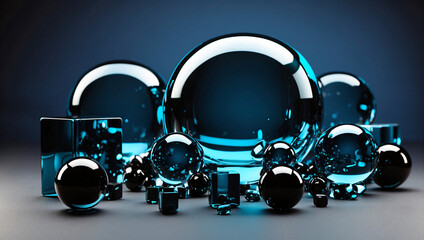 Glass balls and cubes with reflection on a dark blue background.