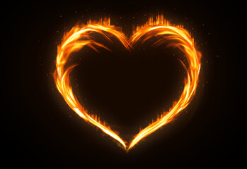 Flaming fire heart shape on black background