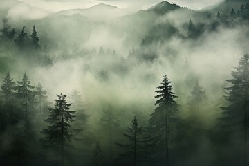 Misty forest landscape with pine trees and mountains in the background