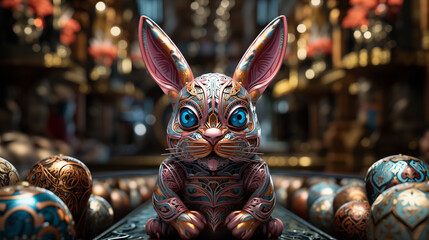 artistic futuristic easter robot rabbit in a room with lots of painted eggs. Easter concept