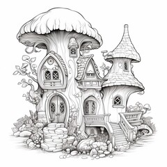 Best coloring fairy mushroom house drawing illustration image Ai generated art