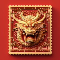 Chinese New Year dragon zodiac sign on red background, Ai Generated