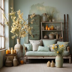Elegant living room interior with sofa and vintage furniture