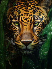 Obraz premium a rainforest scene reflected in a jaguar's eyes, in the style of photorealism, environmental themes created with Generative Ai