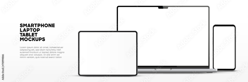Leinwandbilder Modern laptop mockup front view and high quality smartphone and tablet mockup isolated on white background. Notebook mockup and phone device mockup for ui ux app and website presentation.Stock Vector.