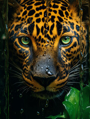 a rainforest scene reflected in a jaguar's eyes, in the style of photorealism, environmental themes created with Generative Ai