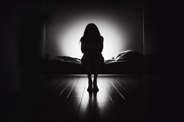 silhouette of a woman suffering from anxiety depression - obrazy, fototapety, plakaty