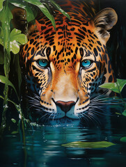 a rainforest scene reflected in a jaguar's eyes, in the style of photorealism, environmental themes created with Generative Ai