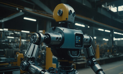 Robot standing in the factory full of metal constructions