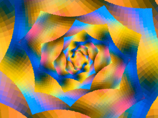 Fraktalny spiralny układ geometrycznych kształtów o chropowatej teksturze złożonej z małych kwadratów w żywej gradientowej kolorystyce - obrazy, fototapety, plakaty