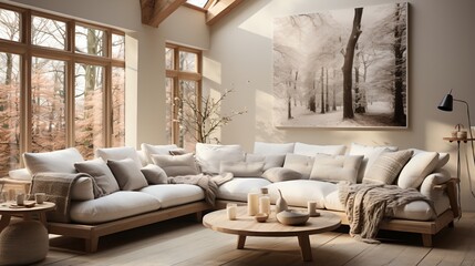 Fototapeta na wymiar Bright and Airy Living Room With Sectional Sofa and Large Windows
