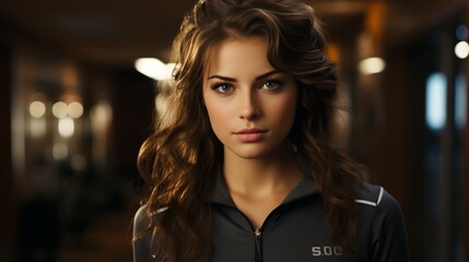 Portrait of a young and beautiful caucasian woman with long brown hair wearing a grey tracksuit