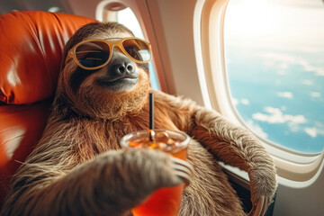 Cute sloth in sunglasses and with cocktail in its paws sits at the armchair on airplane near...