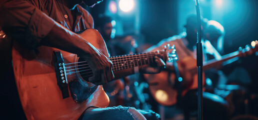 Obraz premium Guitarist playing guitar performing at a colourful concert, close up
