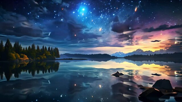 Night sky with stars reflecting on a still lake surrounded by a silhouette of forest trees and mountains, nature concept