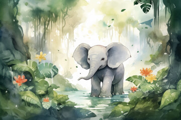 Watercolor-style illustration soft pastels colors, gentle lighting, of playful elephant walking through jungle to watering hole to refreshing pond