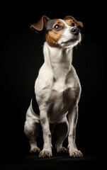 Full body close up studio portrait Jack Russell dog isolated on black background