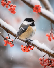 Obraz na płótnie Canvas Full length portrait cute titmouse bird with red chest in snowy forest on snow-covered rowan branch