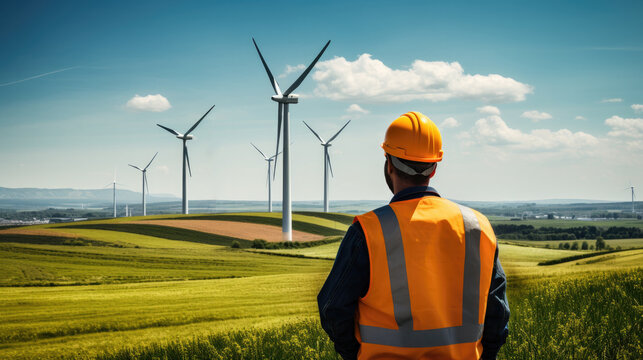 A male technician or engineer in a hard hat stands next to wind generators, viewed from the back.