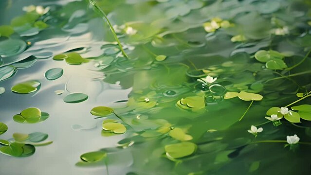Lily flowers floating on the gently rippling water lake surface of a serene green pond, nature concept
