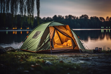Tent with light on the bank of a river or lake in the evening. Camping. Created by artificial intelligence