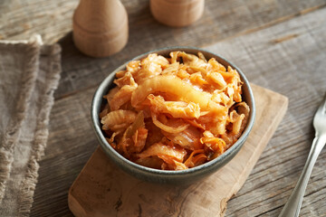 Fermented kim chi in a bowl on a table