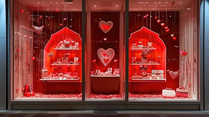Valentines Day Concept: window display of a store with valentine's theme, capturing the essence of Valentine's Day through color, composition, and emotion