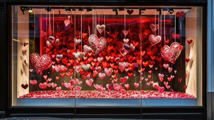 Valentines Day Concept: window display of a store with valentine's theme, capturing the essence of Valentine's Day through color, composition, and emotion
