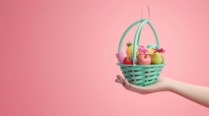 3d basket hanging on wrist with miscellaneous isolated on pink background. enjoy shopping concept, 3d render illustration - obrazy, fototapety, plakaty