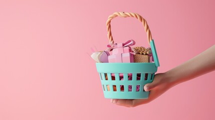 3d basket hanging on wrist with miscellaneous isolated on pink background. enjoy shopping concept, 3d render illustration