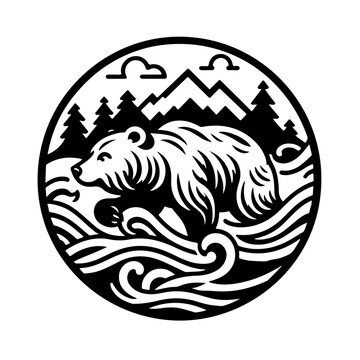 Bear navigating a rushing river with swift agility Vector Logo Art