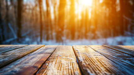 Wooden table on the background of the sea, island, king of the forest and blue sky. Display. Wooden exhibition. Forest, snow, sea, sun. high quality photo. - obrazy, fototapety, plakaty