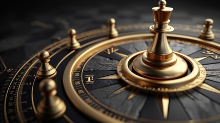 3D illustration of a golden compass rose over black background with five pawns. Business strategy and guidance concept - obrazy, fototapety, plakaty