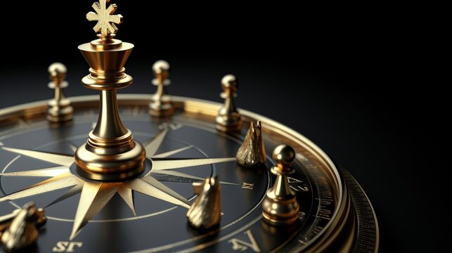3D illustration of a golden compass rose over black background with five pawns. Business strategy and guidance concept
