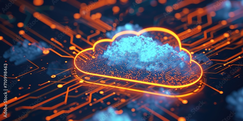 Poster A vibrant cloud illuminates a circuit board, creating a captivating visual. Ideal for technology-related projects and futuristic concepts
