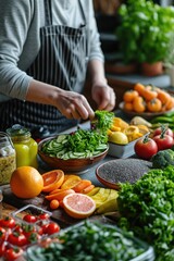 Preparing a healthy meal in the kitchen. Fresh fruits, vegetables, and a smoothie